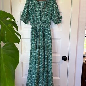 Max Studio Green Printed V-Neck Smocked Waist Maxi Dress